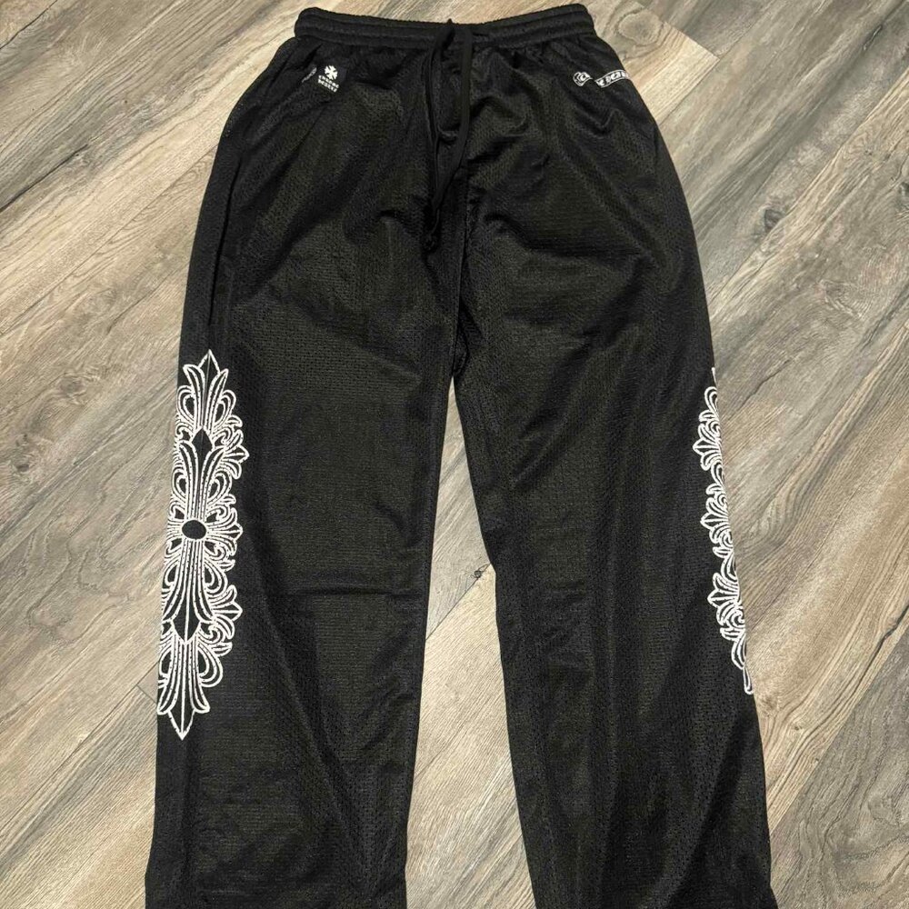 Chrome Hearts Black Track Pants with White Embroidered Cross Motif